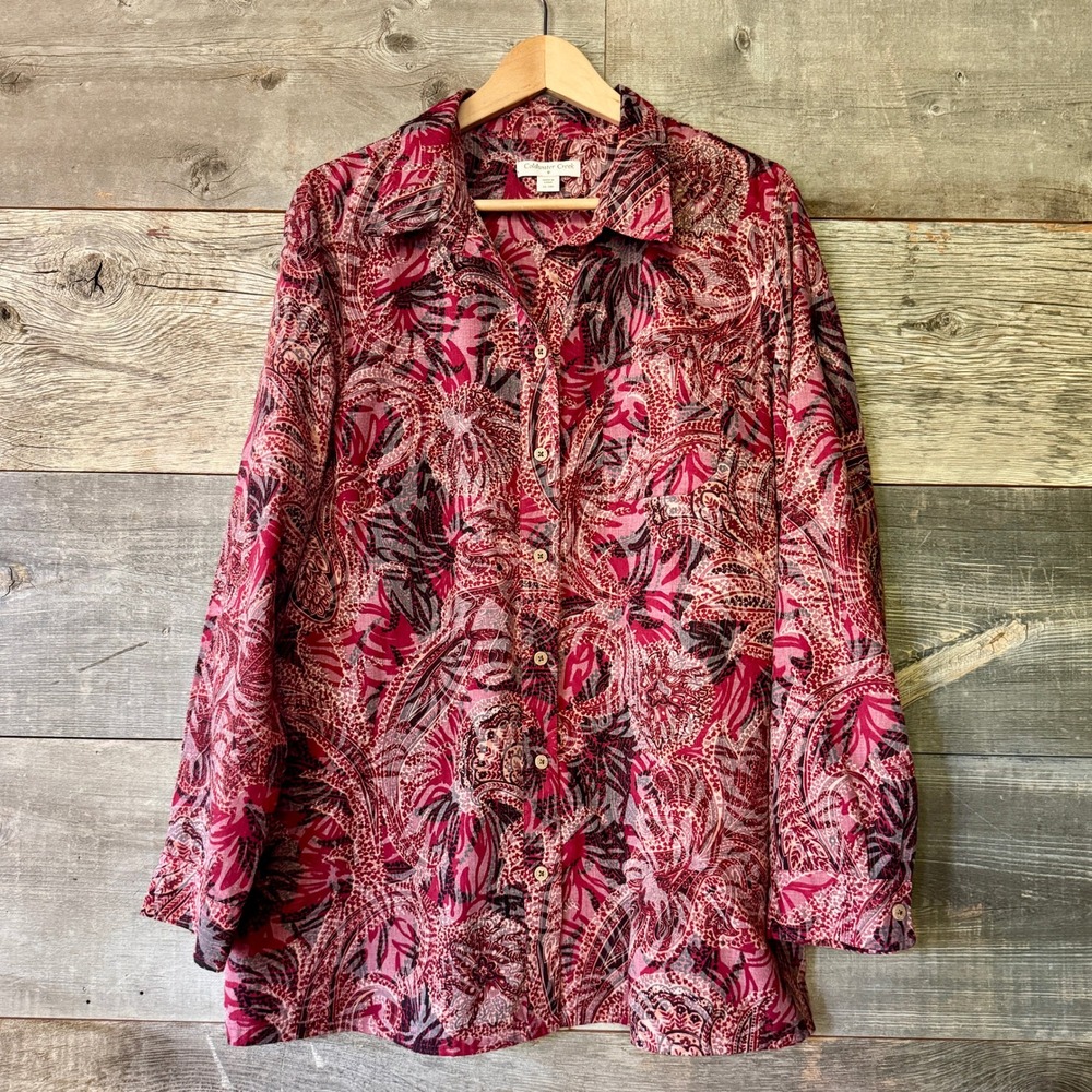 Coldwater Creek Lightweight Paisley Button Up Blouse XL Burgundy Dark Floral